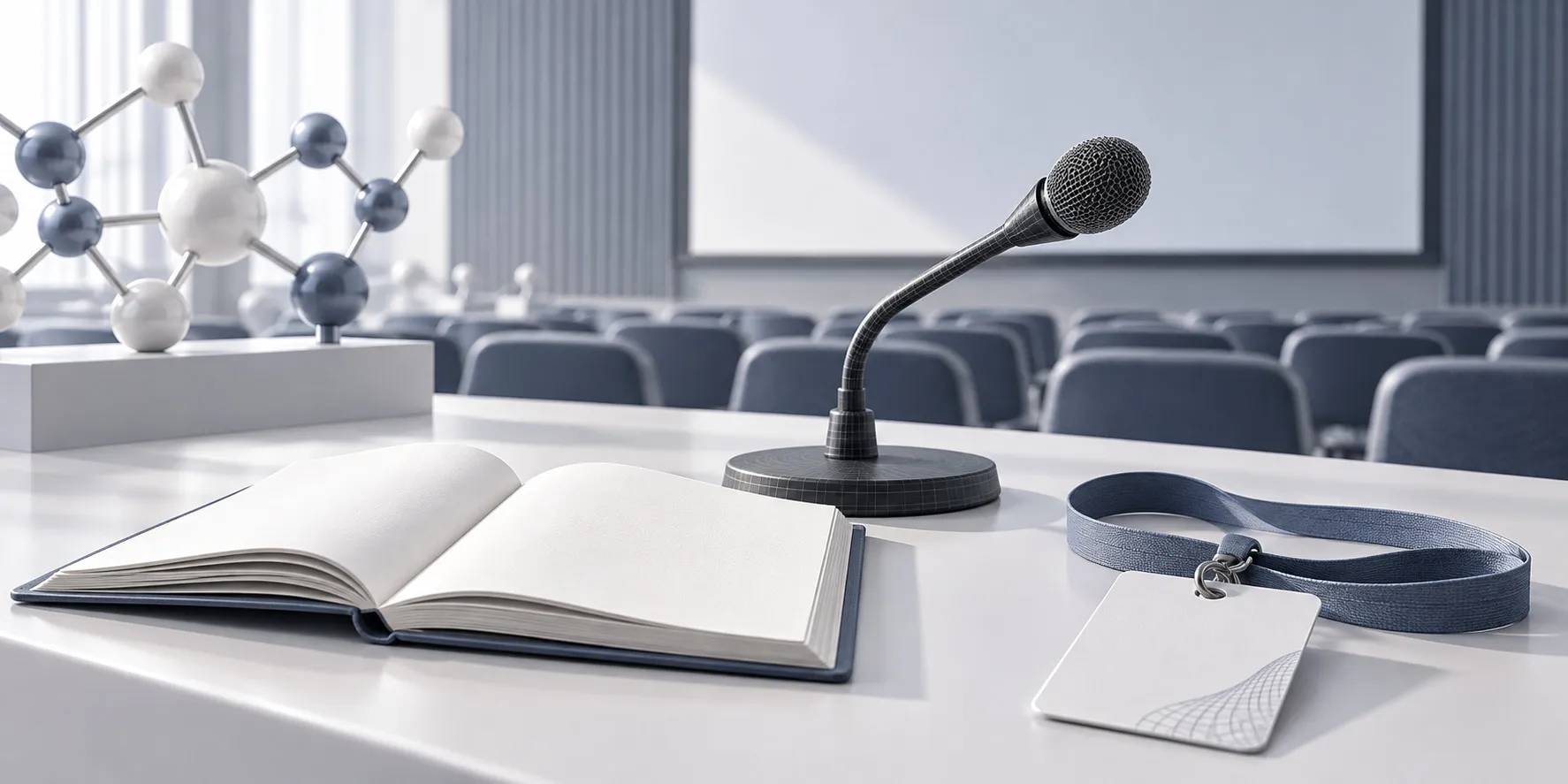 Mikrofon, zápisník a model molekuly v konferenčním sále