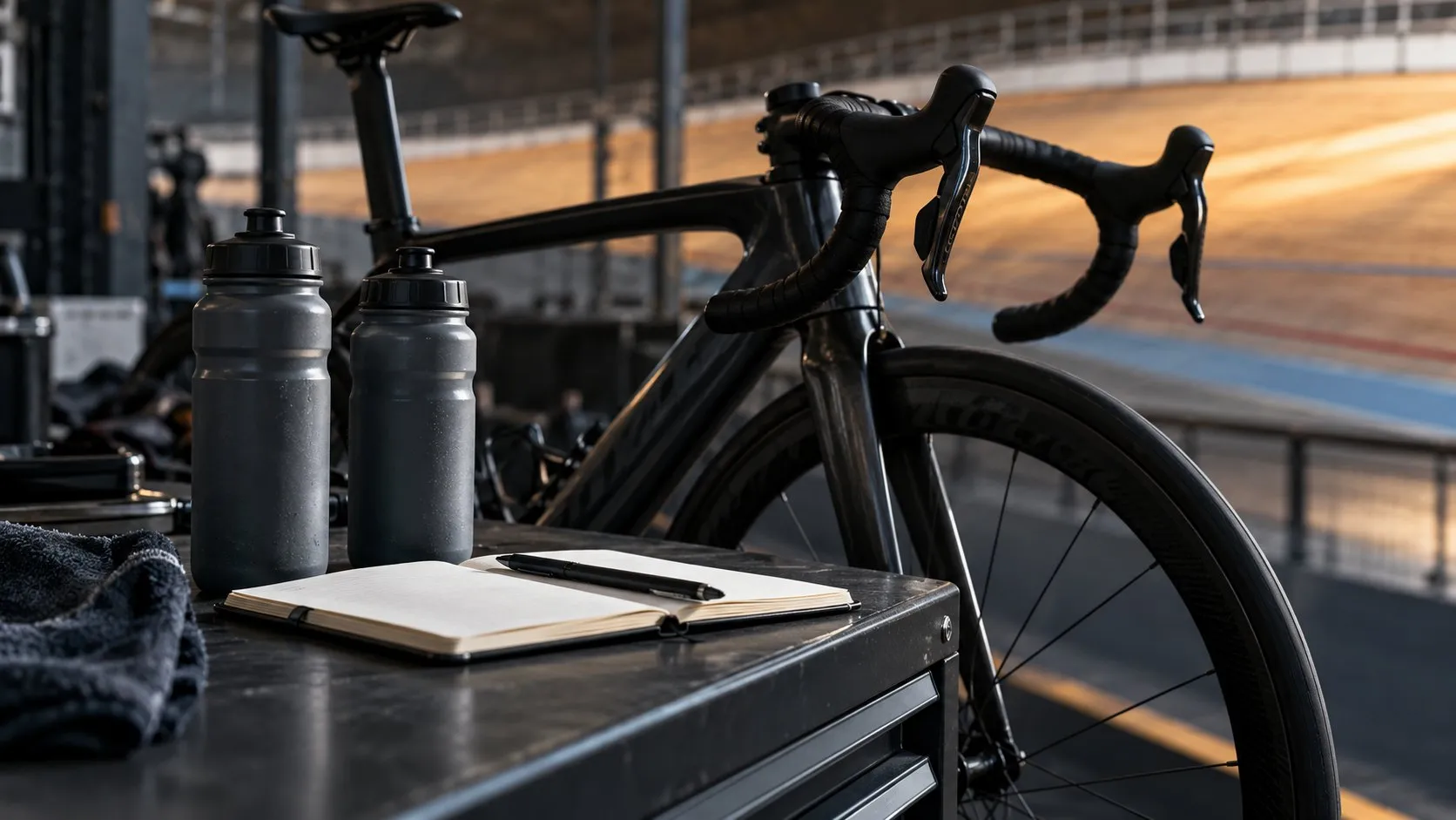 Silniční kolo, lahve a zápisník u dráhy velodromu
